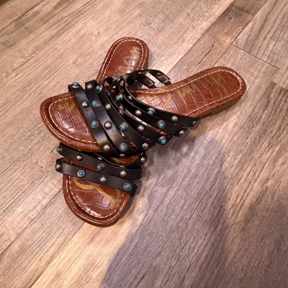 Sam Edelman Black Strappy Studded Slide Sandals with Turquoise Accents